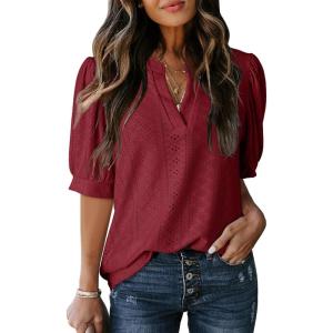 imageDokotoo Womens Summer Business Casual Blouses V Neck Short Sleeve Shirts Hollow Out Cute Lace TopsRed Dahlia
