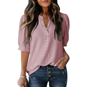 imageDokotoo Womens Summer Business Casual Blouses V Neck Short Sleeve Shirts Hollow Out Cute Lace TopsRose Tan