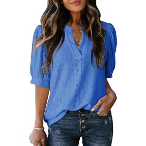 imageDokotoo Womens Summer Business Casual Blouses V Neck Short Sleeve Shirts Hollow Out Cute Lace TopsSky Blue