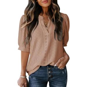 imageDokotoo Womens Summer Business Casual Blouses V Neck Short Sleeve Shirts Hollow Out Cute Lace TopsStraw Yellow