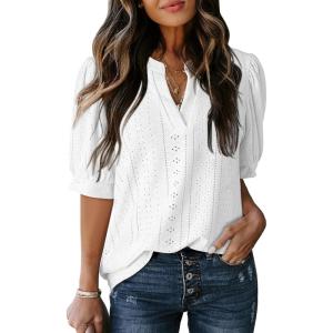 imageDokotoo Womens Summer Business Casual Blouses V Neck Short Sleeve Shirts Hollow Out Cute Lace TopsWhite
