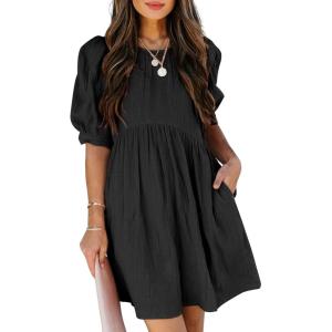 imageDokotoo Womens Summer Crewneck Puff Sleeve Babydoll Elegant Empire Waist Mini Swing Skater Dresses with Pockets1 Black 2