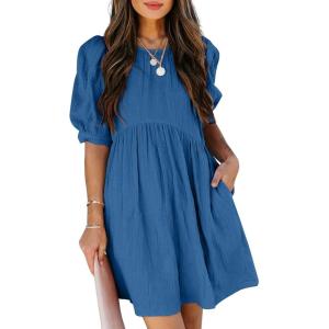 imageDokotoo Womens Summer Crewneck Puff Sleeve Babydoll Elegant Empire Waist Mini Swing Skater Dresses with Pockets1 Blue 2