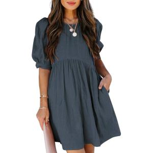 imageDokotoo Womens Summer Crewneck Puff Sleeve Babydoll Elegant Empire Waist Mini Swing Skater Dresses with Pockets1 Gray
