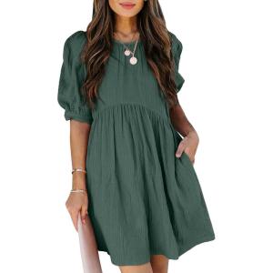 imageDokotoo Womens Summer Crewneck Puff Sleeve Babydoll Elegant Empire Waist Mini Swing Skater Dresses with Pockets1 Green