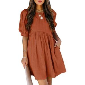 imageDokotoo Womens Summer Crewneck Puff Sleeve Babydoll Elegant Empire Waist Mini Swing Skater Dresses with Pockets1 Orange