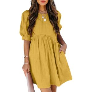 imageDokotoo Womens Summer Crewneck Puff Sleeve Babydoll Elegant Empire Waist Mini Swing Skater Dresses with Pockets1 Yellow