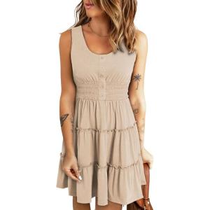 imageDokotoo Womens Summer Dresses 2025 Sleeveless Button Down Smocked Empire Waist Ruffle Tiered Casual Swing Mini DressApricot