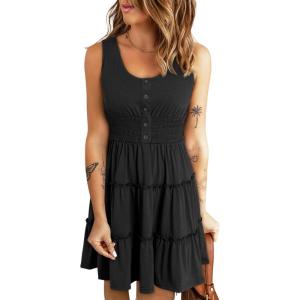 imageDokotoo Womens Summer Dresses 2025 Sleeveless Button Down Smocked Empire Waist Ruffle Tiered Casual Swing Mini DressBlack