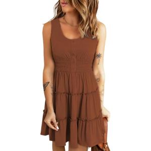 imageDokotoo Womens Summer Dresses 2025 Sleeveless Button Down Smocked Empire Waist Ruffle Tiered Casual Swing Mini DressBrown