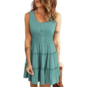 imageDokotoo Womens Summer Dresses 2025 Sleeveless Button Down Smocked Empire Waist Ruffle Tiered Casual Swing Mini DressGreen