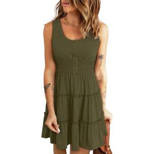 imageDokotoo Womens Summer Dresses 2025 Sleeveless Button Down Smocked Empire Waist Ruffle Tiered Casual Swing Mini DressGreen 609