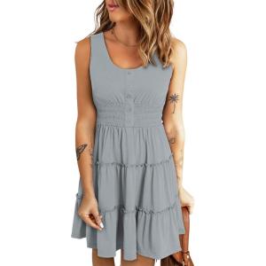 imageDokotoo Womens Summer Dresses 2025 Sleeveless Button Down Smocked Empire Waist Ruffle Tiered Casual Swing Mini DressGrey 2011