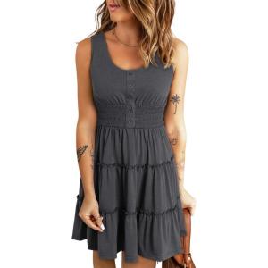 imageDokotoo Womens Summer Dresses 2025 Sleeveless Button Down Smocked Empire Waist Ruffle Tiered Casual Swing Mini DressGrey