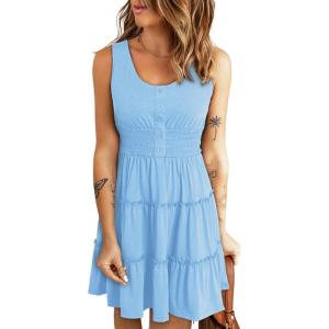imageDokotoo Womens Summer Dresses 2025 Sleeveless Button Down Smocked Empire Waist Ruffle Tiered Casual Swing Mini DressLight Blue