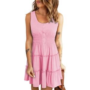 imageDokotoo Womens Summer Dresses 2025 Sleeveless Button Down Smocked Empire Waist Ruffle Tiered Casual Swing Mini DressPink 10