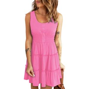 imageDokotoo Womens Summer Dresses 2025 Sleeveless Button Down Smocked Empire Waist Ruffle Tiered Casual Swing Mini DressPink 106