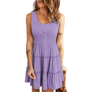 imageDokotoo Womens Summer Dresses 2025 Sleeveless Button Down Smocked Empire Waist Ruffle Tiered Casual Swing Mini DressPurple