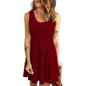 imageDokotoo Womens Summer Dresses 2025 Sleeveless Button Down Smocked Empire Waist Ruffle Tiered Casual Swing Mini DressRed 403