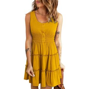 imageDokotoo Womens Summer Dresses 2025 Sleeveless Button Down Smocked Empire Waist Ruffle Tiered Casual Swing Mini DressYellow