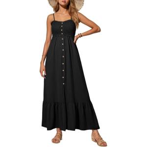 imageDokotoo Womens Summer Dresses 2025 Sleeveless Spaghetti Strap Button Down Smocked Beach Vacation Long Maxi Dress with PocketsBlack