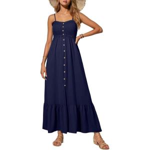 imageDokotoo Womens Summer Dresses 2025 Sleeveless Spaghetti Strap Button Down Smocked Beach Vacation Long Maxi Dress with PocketsBlue