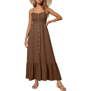 imageDokotoo Womens Summer Dresses 2025 Sleeveless Spaghetti Strap Button Down Smocked Beach Vacation Long Maxi Dress with PocketsBrown