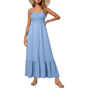 imageDokotoo Womens Summer Dresses 2025 Sleeveless Spaghetti Strap Button Down Smocked Beach Vacation Long Maxi Dress with PocketsLight Blue