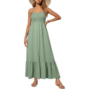 imageDokotoo Womens Summer Dresses 2025 Sleeveless Spaghetti Strap Button Down Smocked Beach Vacation Long Maxi Dress with PocketsLight Green