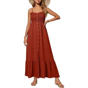 imageDokotoo Womens Summer Dresses 2025 Sleeveless Spaghetti Strap Button Down Smocked Beach Vacation Long Maxi Dress with PocketsOrange