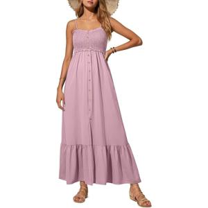 imageDokotoo Womens Summer Dresses 2025 Sleeveless Spaghetti Strap Button Down Smocked Beach Vacation Long Maxi Dress with PocketsPink