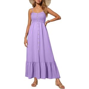 imageDokotoo Womens Summer Dresses 2025 Sleeveless Spaghetti Strap Button Down Smocked Beach Vacation Long Maxi Dress with PocketsPurple