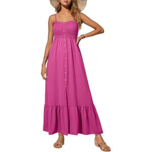 imageDokotoo Womens Summer Dresses 2025 Sleeveless Spaghetti Strap Button Down Smocked Beach Vacation Long Maxi Dress with PocketsRosy