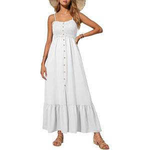 imageDokotoo Womens Summer Dresses 2025 Sleeveless Spaghetti Strap Button Down Smocked Beach Vacation Long Maxi Dress with PocketsWhite