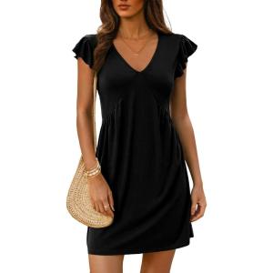 imageDokotoo Womens Summer Dresses Beach 2025 Casual Deep V Neck Loose Sundress Ruffle Sleeve Mini DressBlack