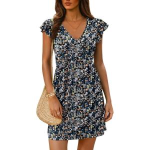 imageDokotoo Womens Summer Dresses Beach 2025 Casual Deep V Neck Loose Sundress Ruffle Sleeve Mini DressBlack a