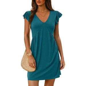 imageDokotoo Womens Summer Dresses Beach 2025 Casual Deep V Neck Loose Sundress Ruffle Sleeve Mini DressBlue Sapphire