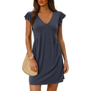 imageDokotoo Womens Summer Dresses Beach 2025 Casual Deep V Neck Loose Sundress Ruffle Sleeve Mini DressCarbon Grey