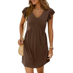 imageDokotoo Womens Summer Dresses Beach 2025 Casual Deep V Neck Loose Sundress Ruffle Sleeve Mini DressCoffee