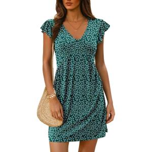 imageDokotoo Womens Summer Dresses Beach 2025 Casual Deep V Neck Loose Sundress Ruffle Sleeve Mini DressGreen