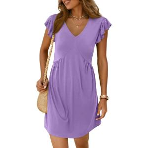 imageDokotoo Womens Summer Dresses Beach 2025 Casual Deep V Neck Loose Sundress Ruffle Sleeve Mini DressLavendula