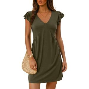 imageDokotoo Womens Summer Dresses Beach 2025 Casual Deep V Neck Loose Sundress Ruffle Sleeve Mini DressMoss Green