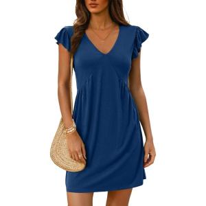 imageDokotoo Womens Summer Dresses Beach 2025 Casual Deep V Neck Loose Sundress Ruffle Sleeve Mini DressNavy Blue