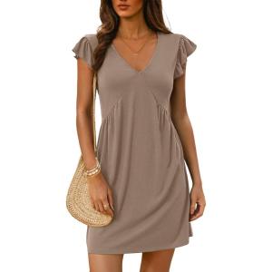 imageDokotoo Womens Summer Dresses Beach 2025 Casual Deep V Neck Loose Sundress Ruffle Sleeve Mini DressPale Khaki