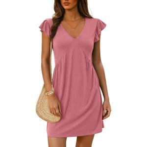 imageDokotoo Womens Summer Dresses Beach 2025 Casual Deep V Neck Loose Sundress Ruffle Sleeve Mini DressPeach Blossom