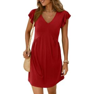 imageDokotoo Womens Summer Dresses Beach 2025 Casual Deep V Neck Loose Sundress Ruffle Sleeve Mini DressRacing Red