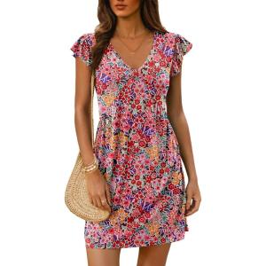 imageDokotoo Womens Summer Dresses Beach 2025 Casual Deep V Neck Loose Sundress Ruffle Sleeve Mini DressRed