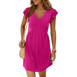 imageDokotoo Womens Summer Dresses Beach 2025 Casual Deep V Neck Loose Sundress Ruffle Sleeve Mini DressRose Red