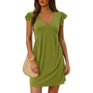 imageDokotoo Womens Summer Dresses Beach 2025 Casual Deep V Neck Loose Sundress Ruffle Sleeve Mini DressSpinach Green
