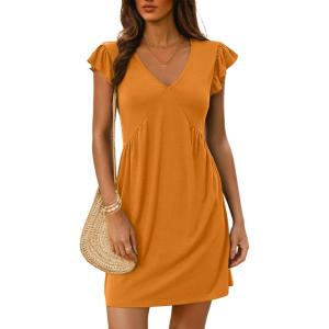 imageDokotoo Womens Summer Dresses Beach 2025 Casual Deep V Neck Loose Sundress Ruffle Sleeve Mini DressVitality Orange